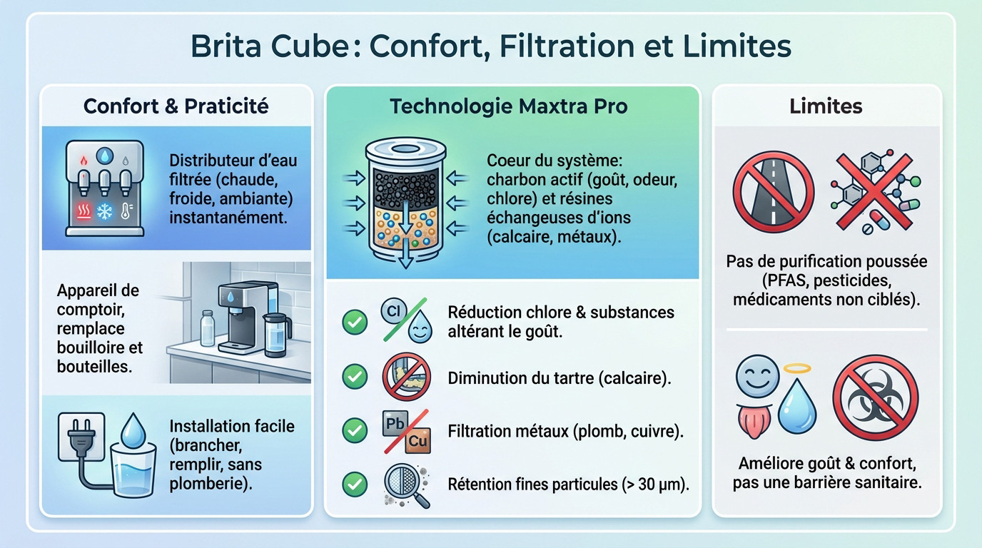 Brita Cube sur un plan de travail de cuisine distribuant de l'eau filtrée