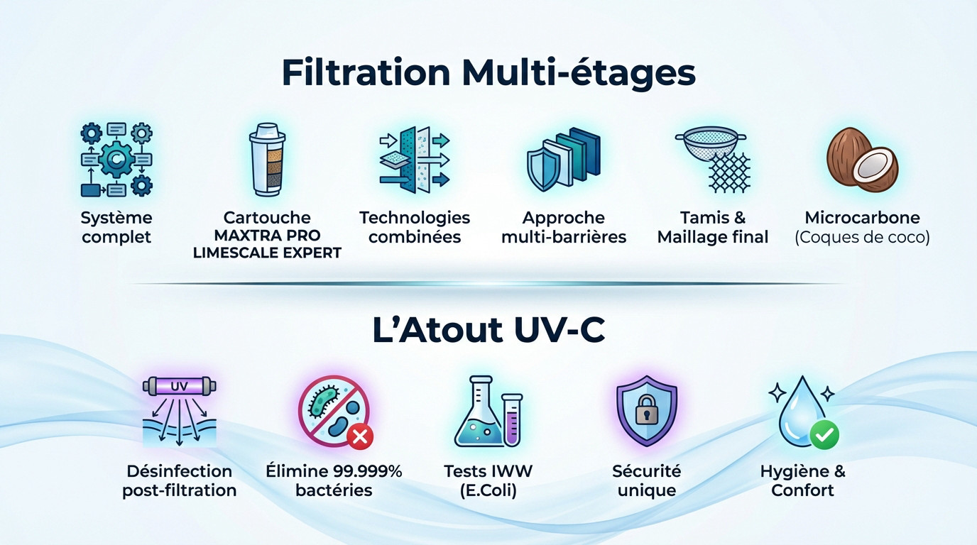 Schéma de la filtration avancée du Brita Cube incluant la technologie UV-C et la cartouche Maxtra Pro