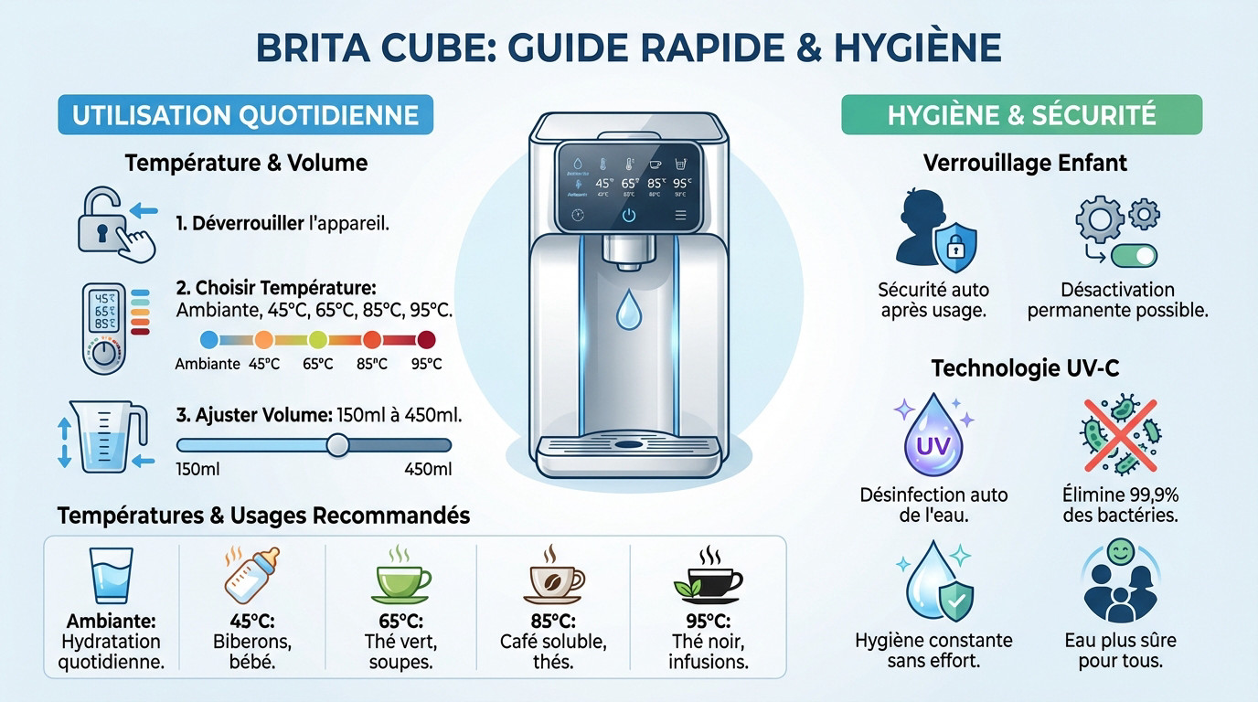 Guide rapide d'utilisation du Brita Cube et schéma de la technologie hygiène UV-C