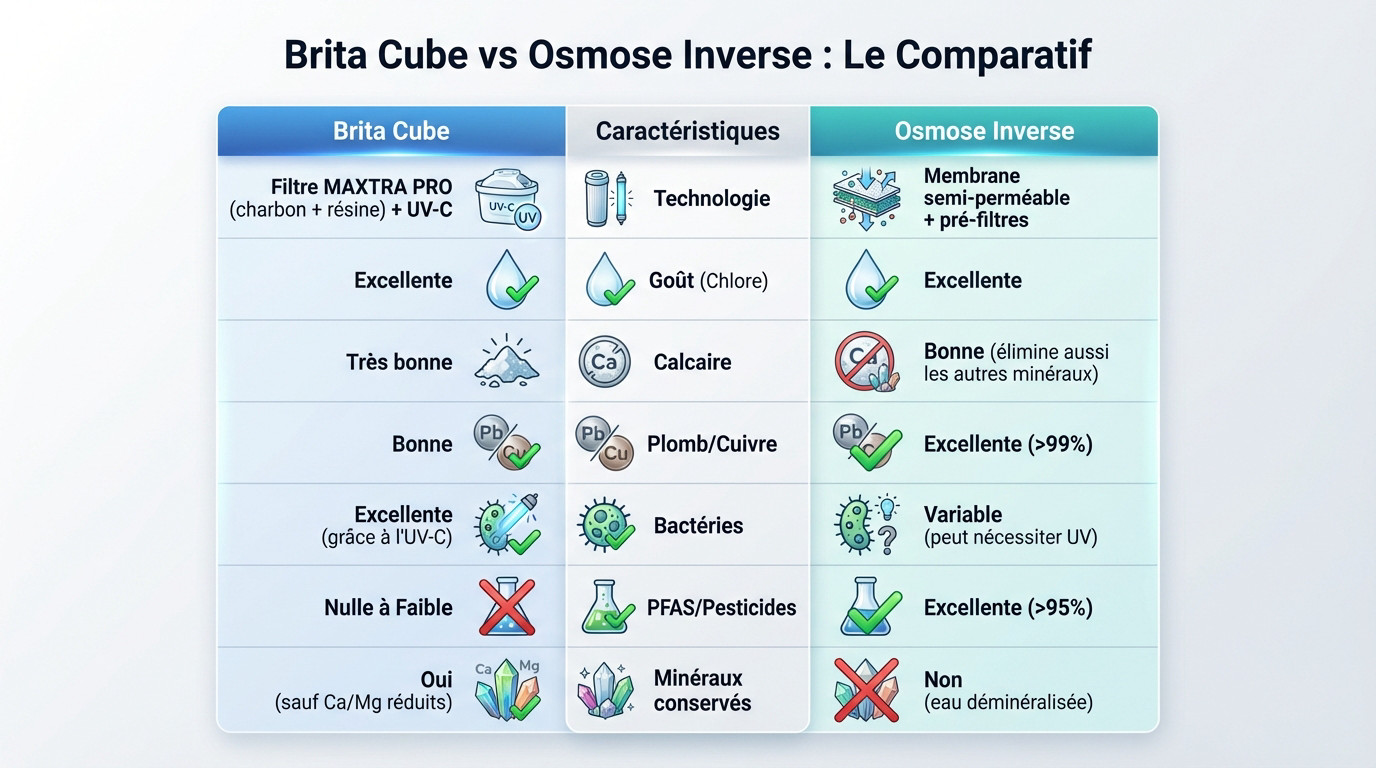 Tableau comparatif des performances de filtration entre le Brita Cube et l'osmose inverse