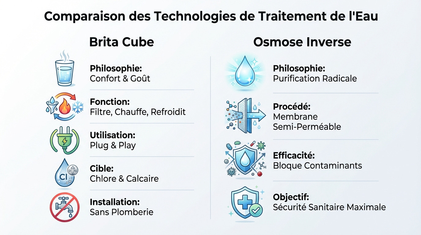 Comparaison visuelle entre le distributeur Brita Cube et un système d'osmose inverse sous évier