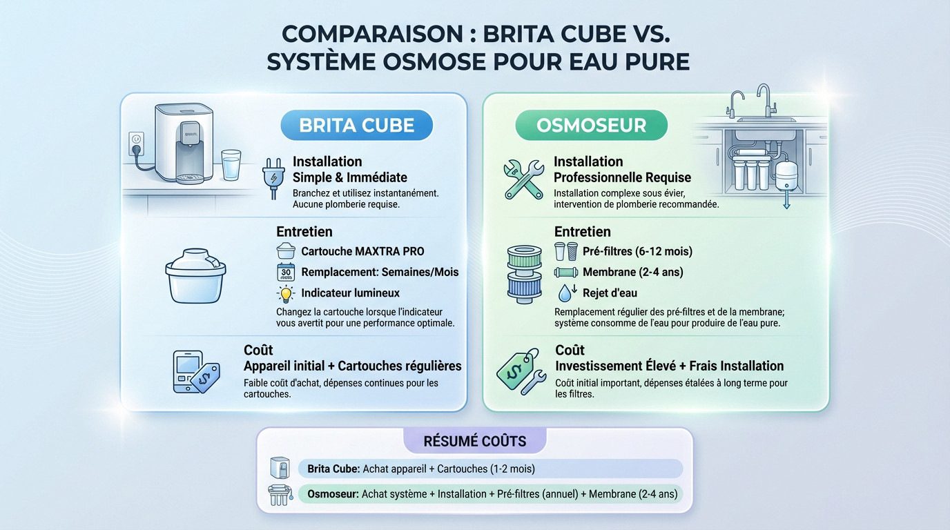 Comparaison visuelle entre le distributeur Brita Cube compact et un système d'osmose inverse installé sous l'évier