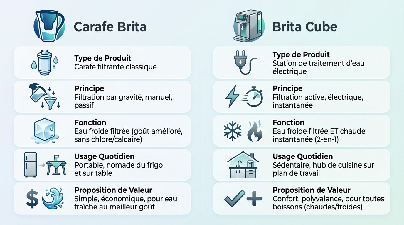 Comparatif visuel montrant le design compact du Brita Cube face à la carafe filtrante classique