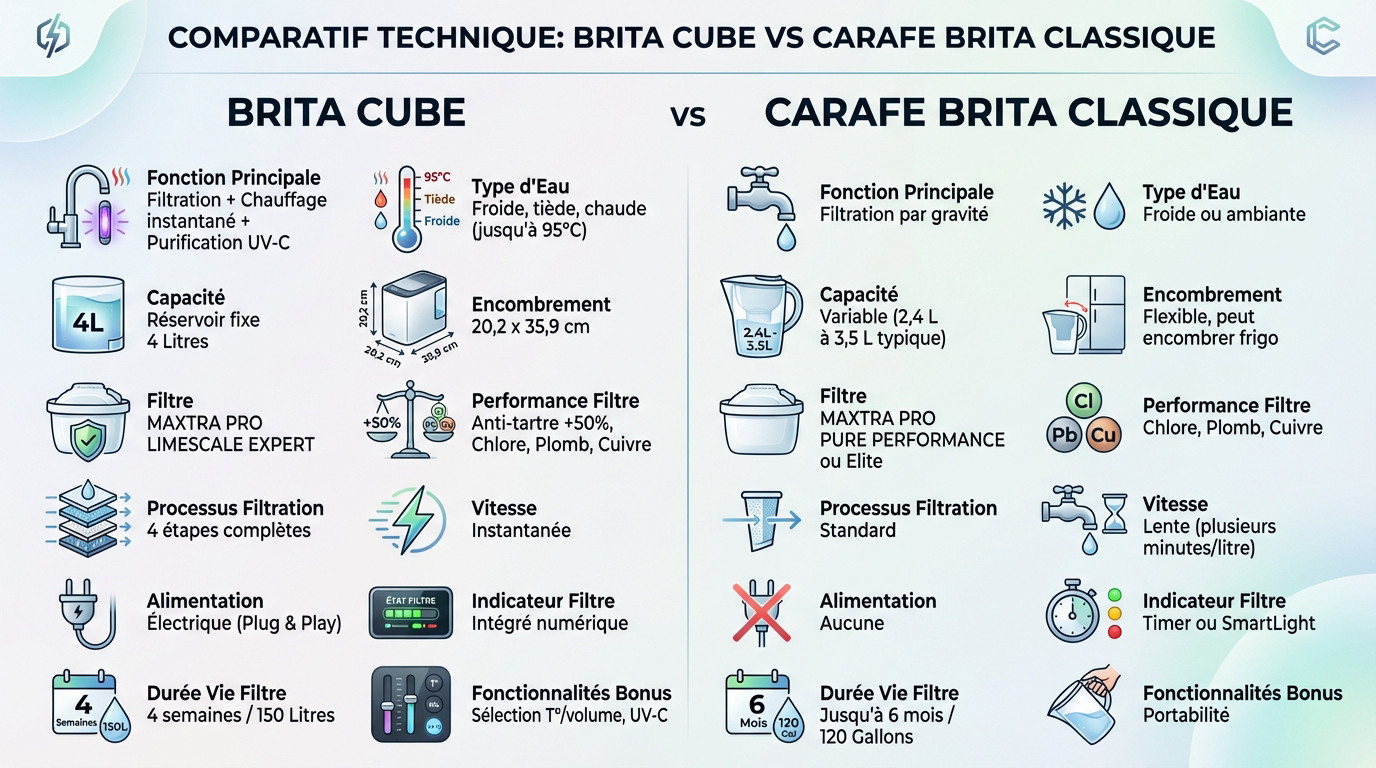 Tableau comparatif des spécifications techniques entre le Brita Cube et la carafe filtrante classique
