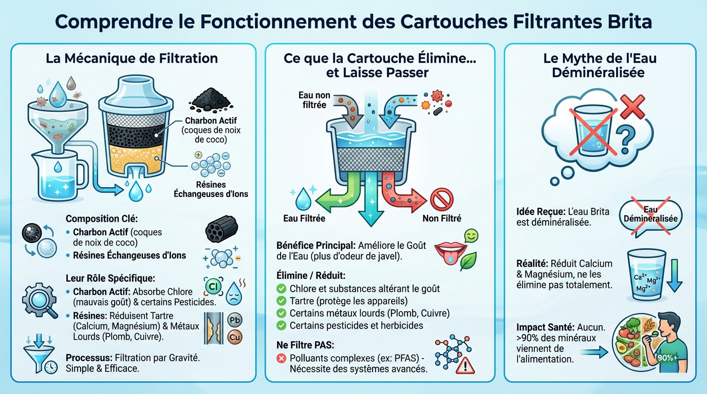 Schéma coupe transversale montrant la composition interne d'une cartouche filtrante Brita