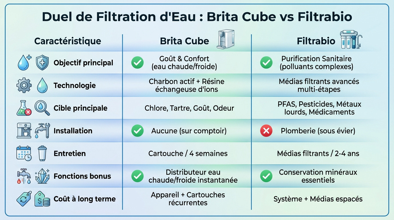 Duel de filtration d'eau : le distributeur Brita Cube face au système sous évier Filtrabio