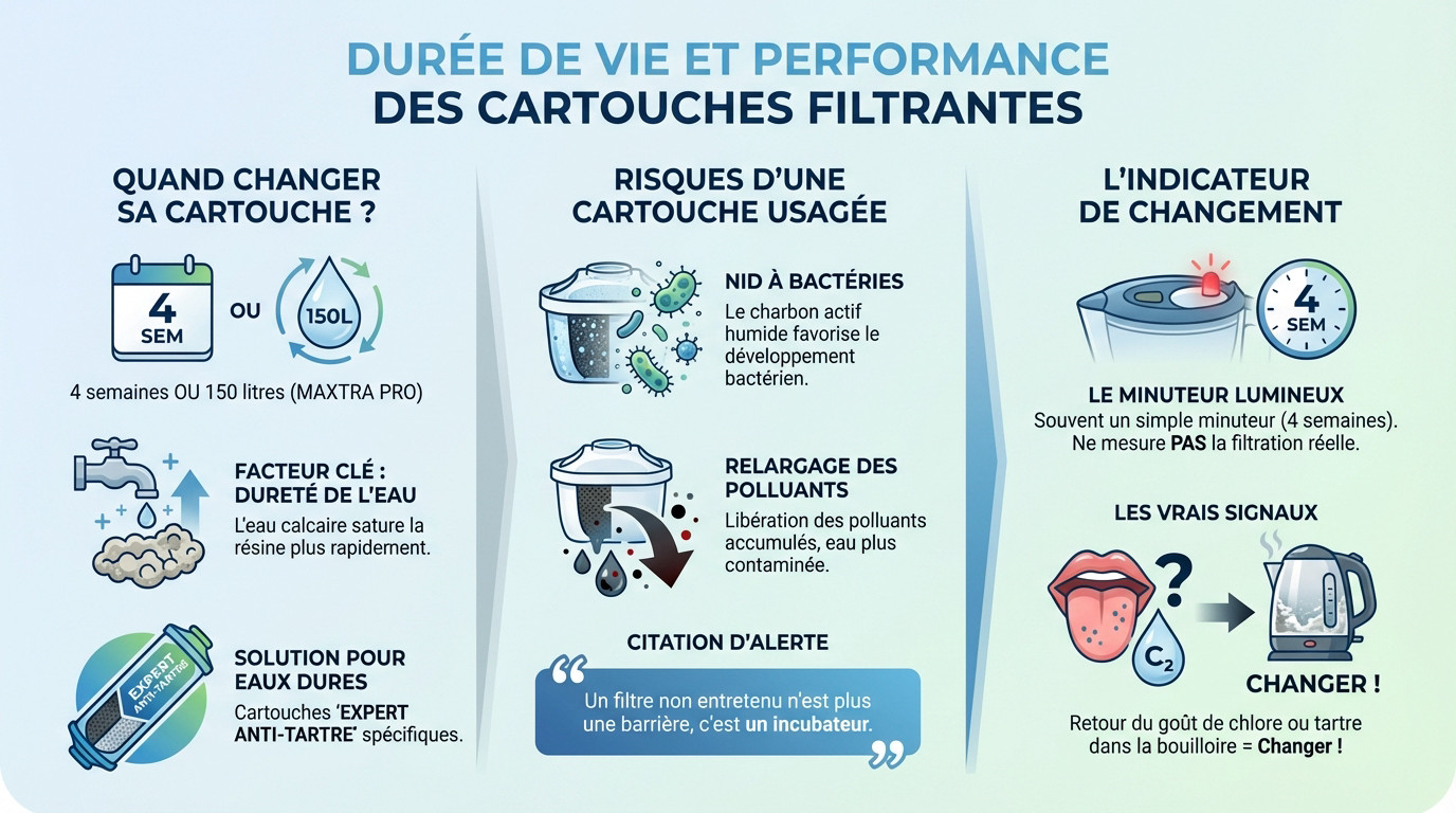 Schéma explicatif sur la durée de vie et la saturation des cartouches filtrantes Brita