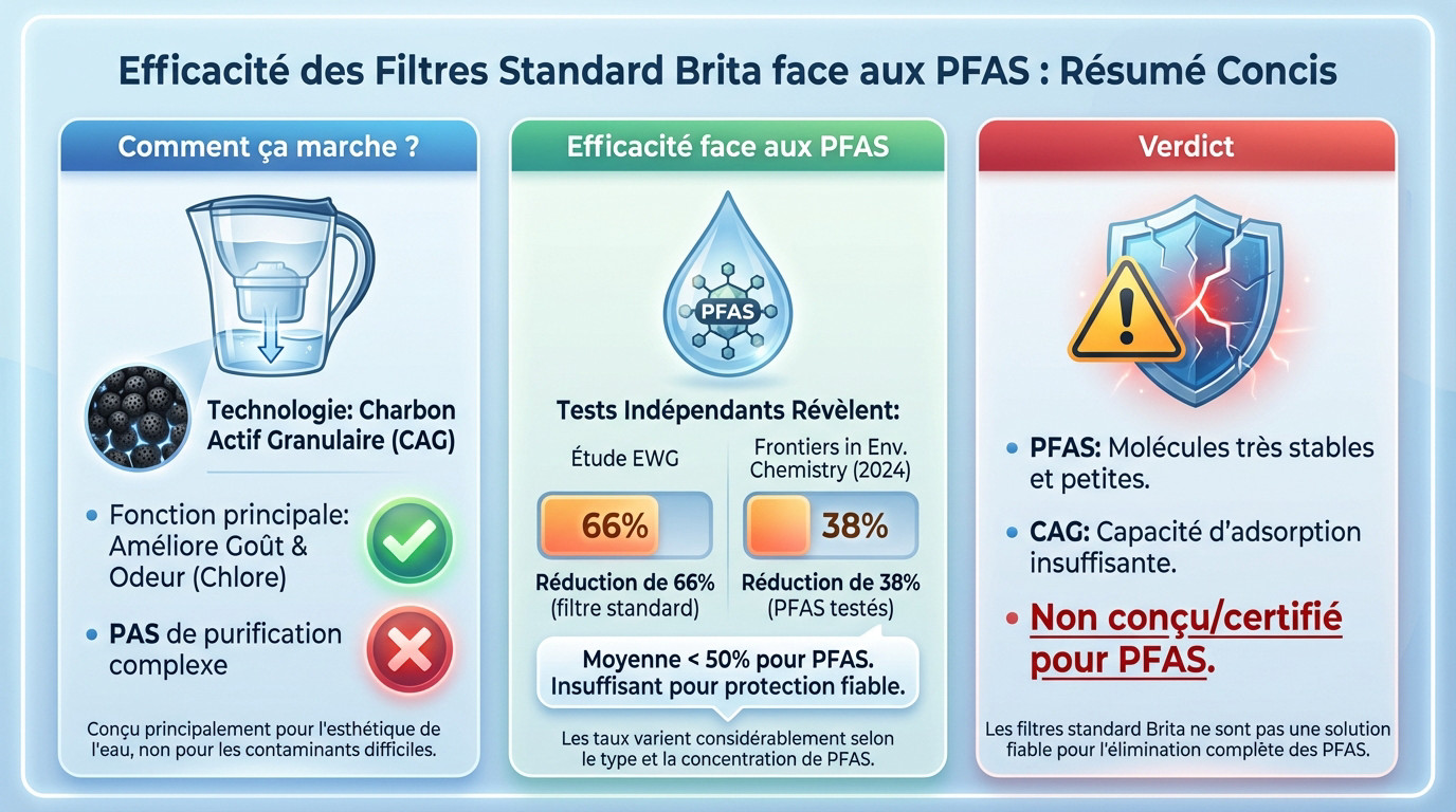 Graphique comparatif montrant l'efficacité limitée des filtres Brita standard face aux PFAS par rapport aux normes de sécurité