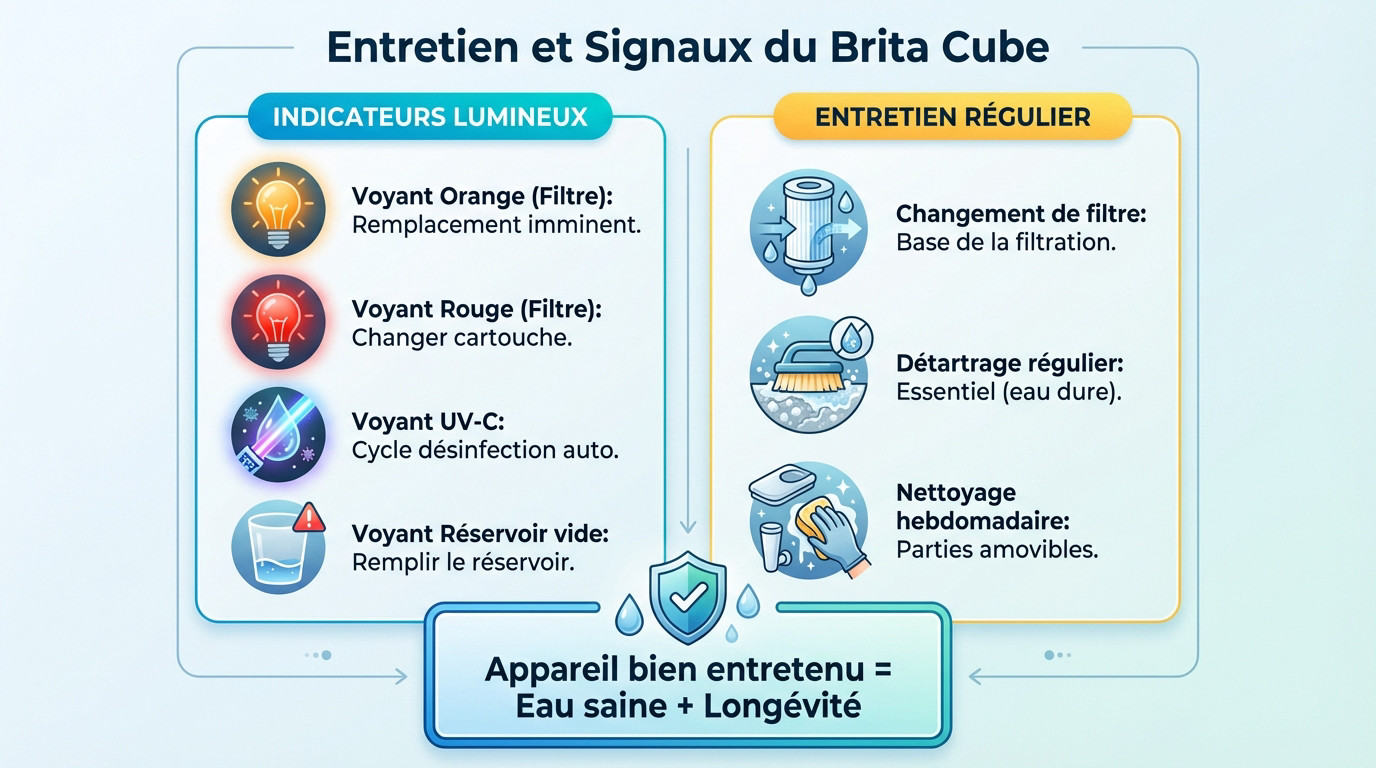 Panneau de contrôle et indicateurs lumineux du Brita Cube