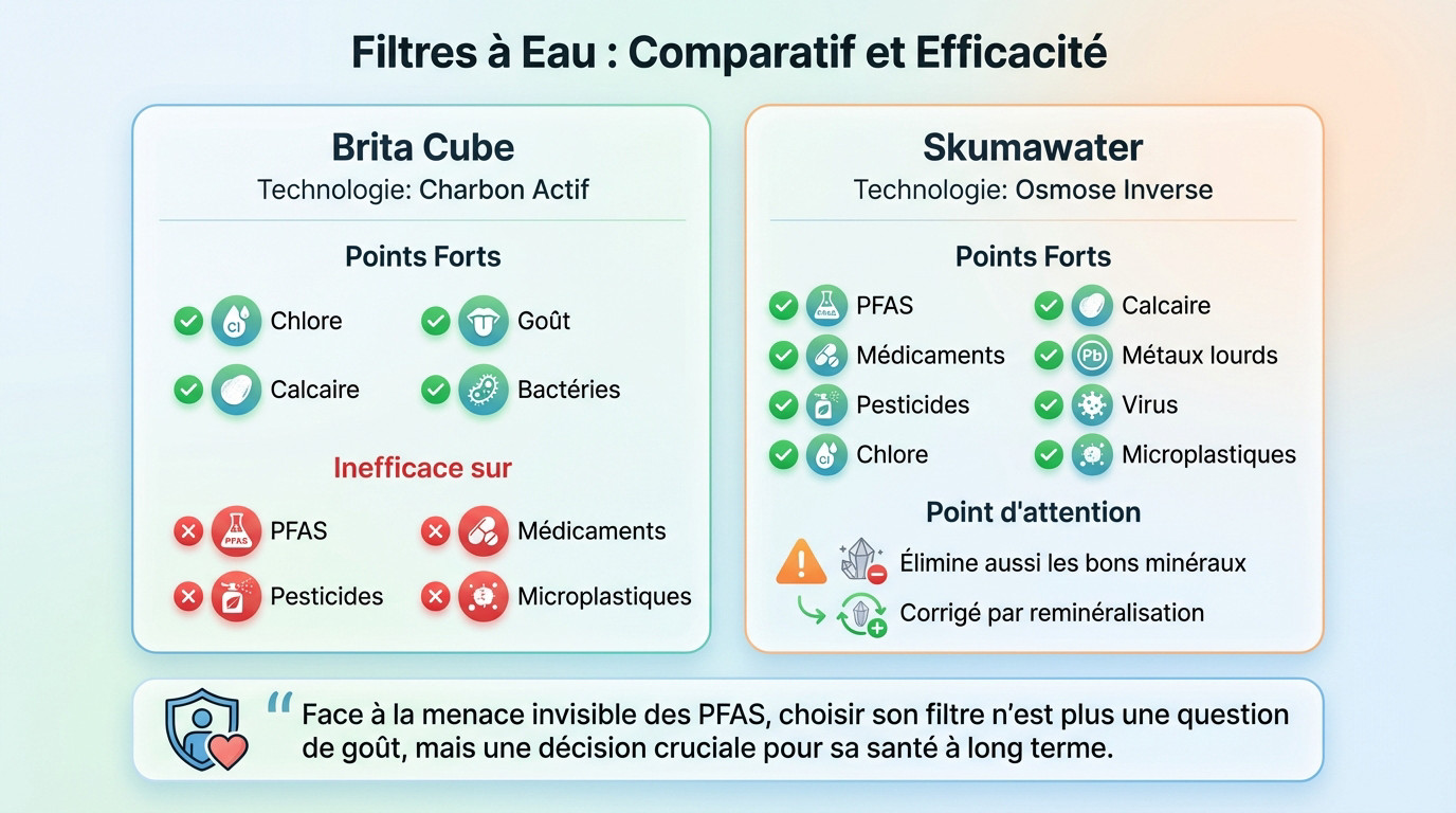 Comparatif efficacité filtration eau Brita Cube contre Skumawater