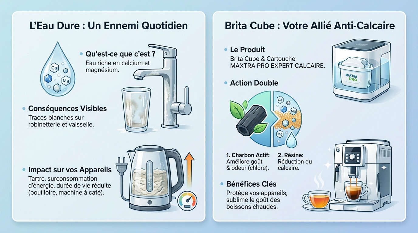 Schéma explicatif de l'action du Brita Cube sur le calcaire et les appareils ménagers