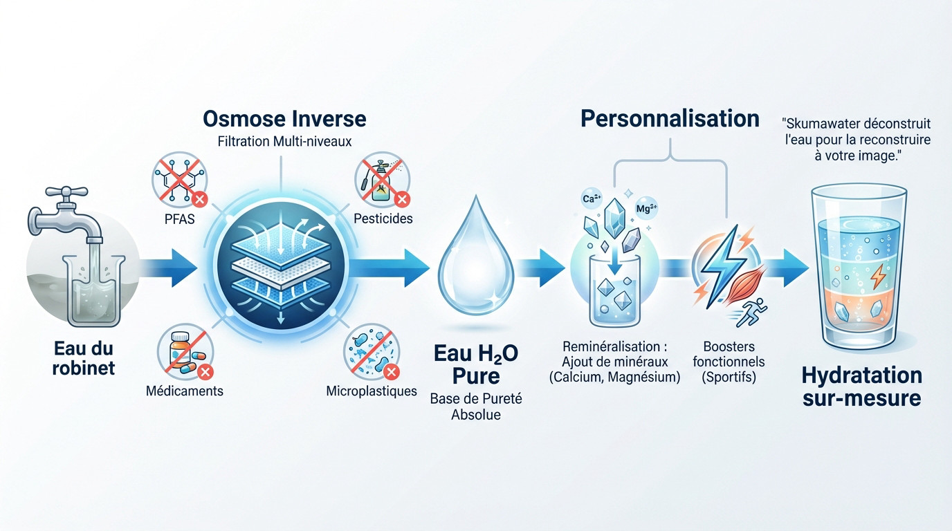 Infographie explicative du processus de purification et de personnalisation de l'eau par Skumawater