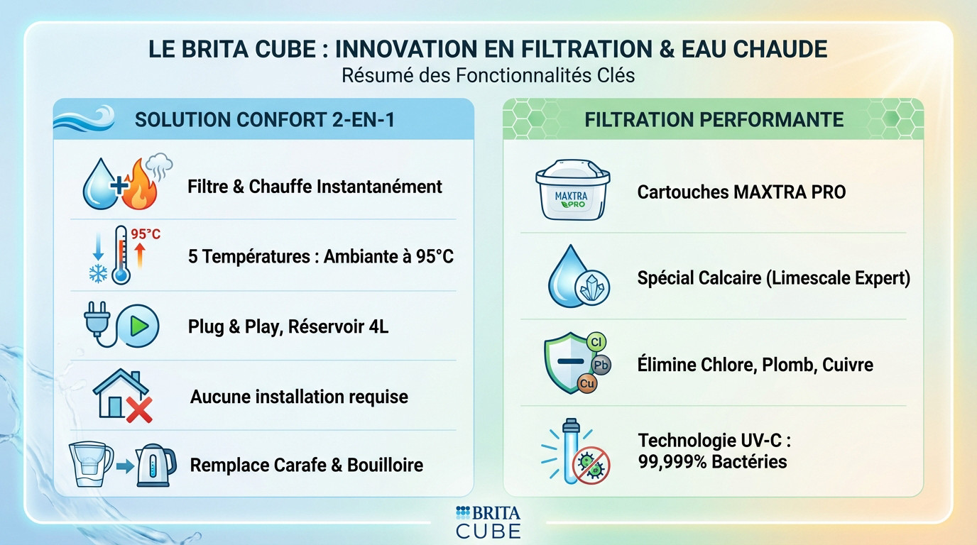 Le distributeur d'eau Brita Cube posé sur un plan de travail moderne