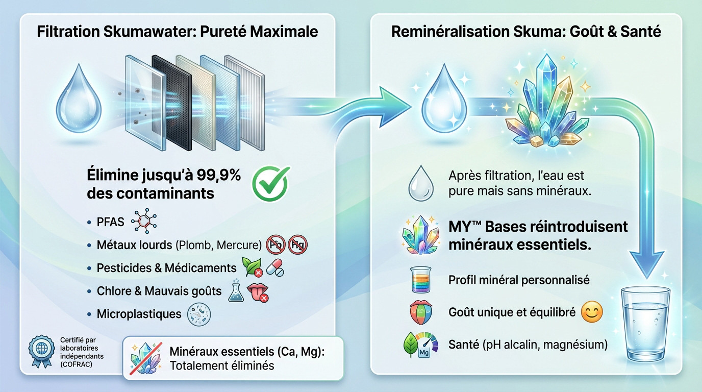 Schéma explicatif du processus de filtration et de reminéralisation de l'eau par Skumawater