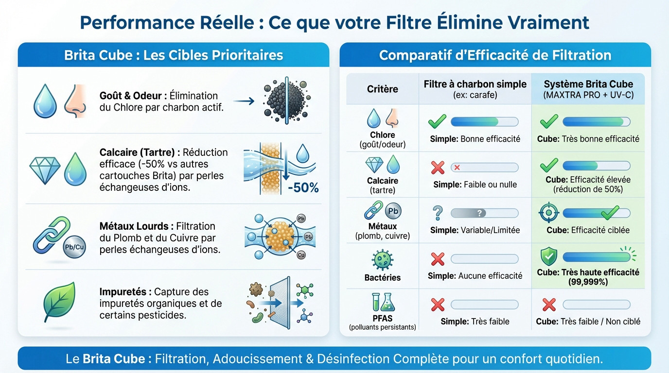 Schéma explicatif de la filtration Brita Cube montrant l'élimination du calcaire et du chlore