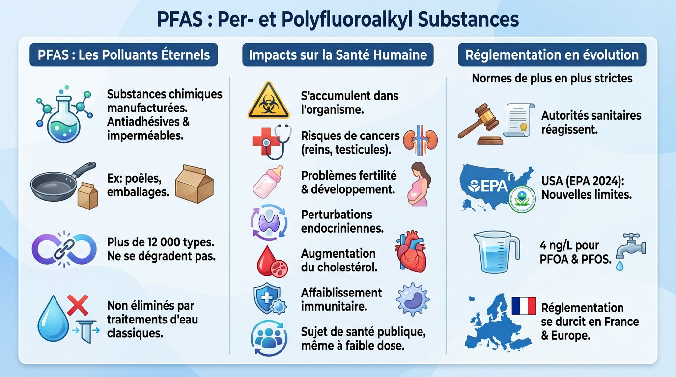 Schéma explicatif des impacts des <strong>polluants éternels</strong> PFAS sur la santé et la réglementation en vigueur