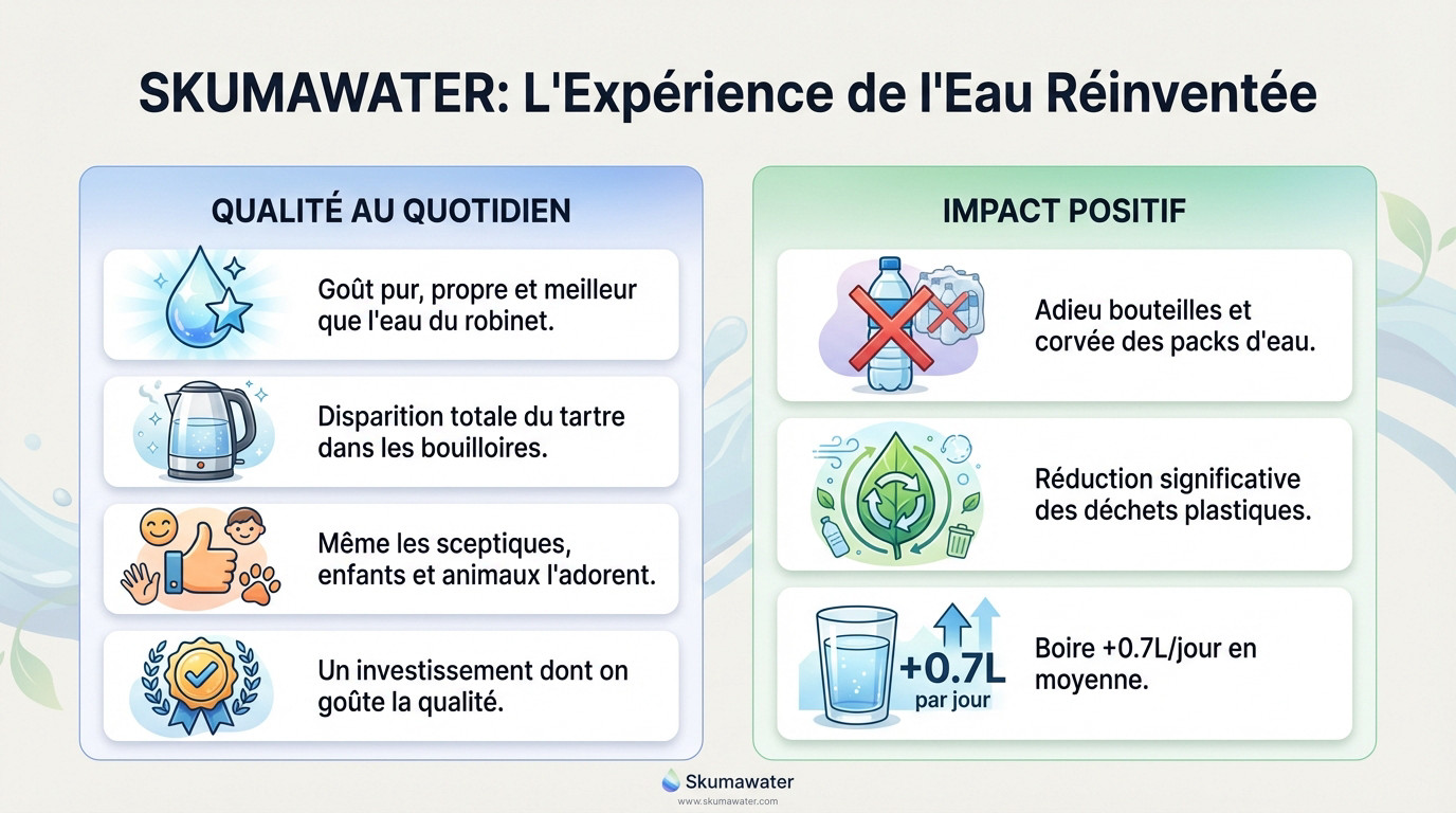 Verre d'eau purifiée Skumawater posé sur une table illustrant la clarté et la pureté de l'eau filtrée par osmose inverse