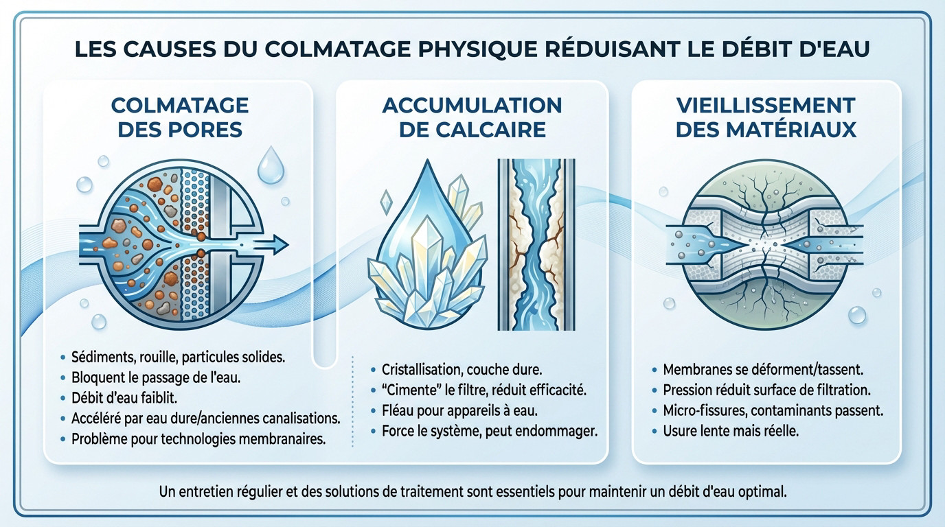 Schéma illustrant le colmatage physique des pores d'un filtre à eau par des sédiments et particules