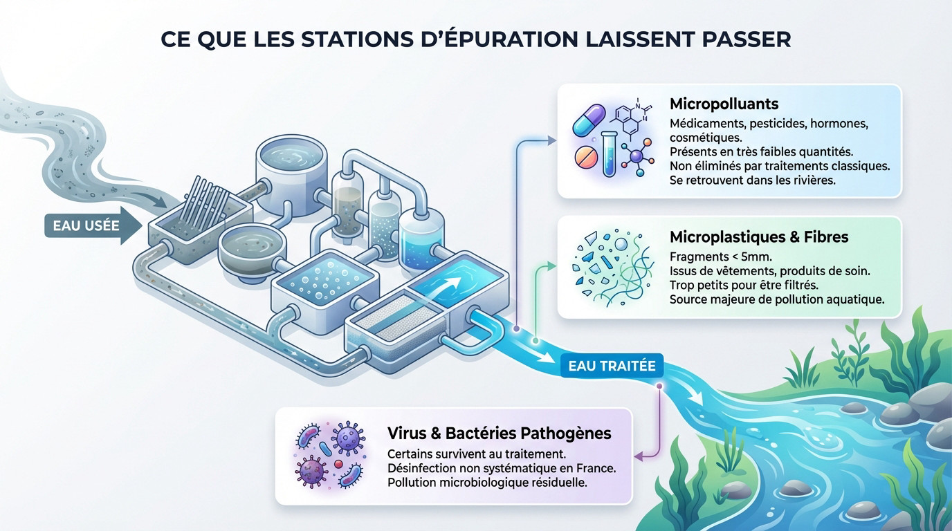 Eau rejetée par une station d'épuration contenant encore des résidus invisibles