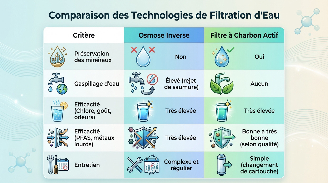 Tableau comparatif entre osmose inverse et filtre à charbon actif pour l'eau du robinet