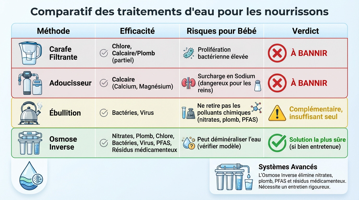 Tableau comparatif des méthodes de filtration d'eau pour la sécurité des bébés