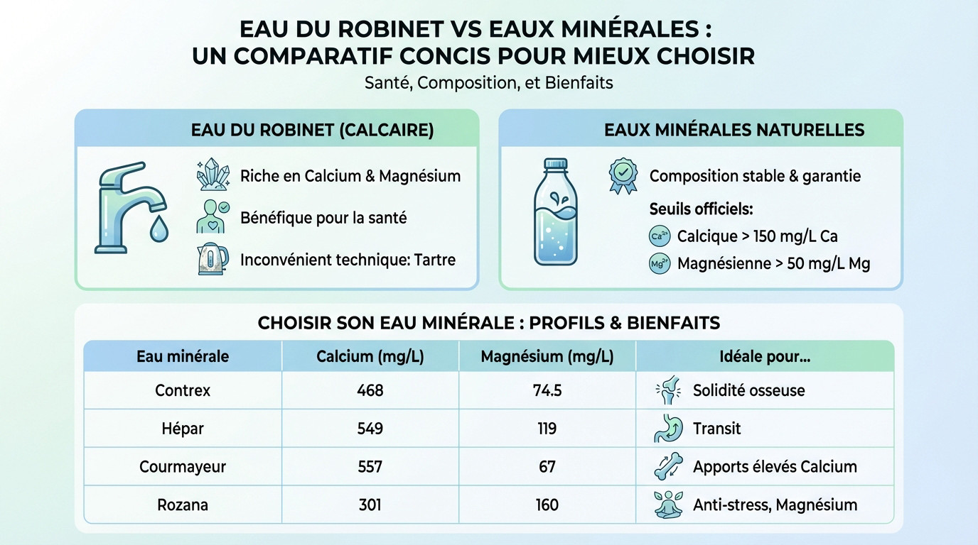 Comparatif entre l'eau du robinet et les eaux minérales riches en calcium et magnésium