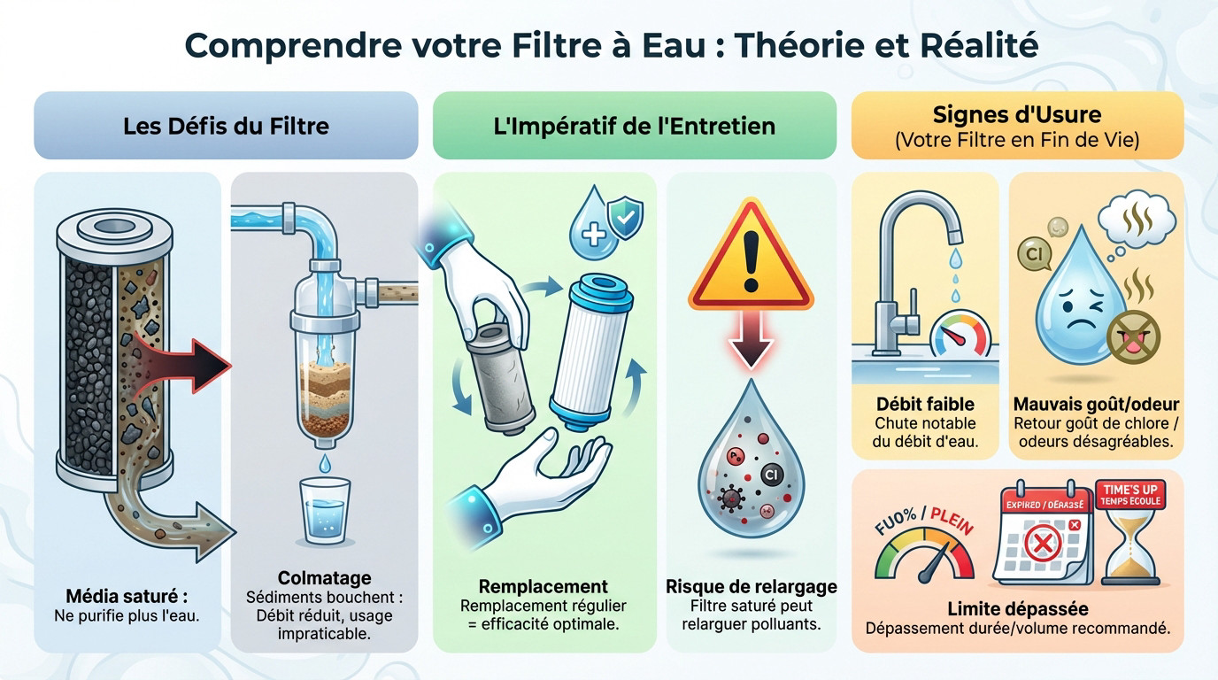 Schéma illustrant la saturation et le colmatage d'un filtre à eau domestique