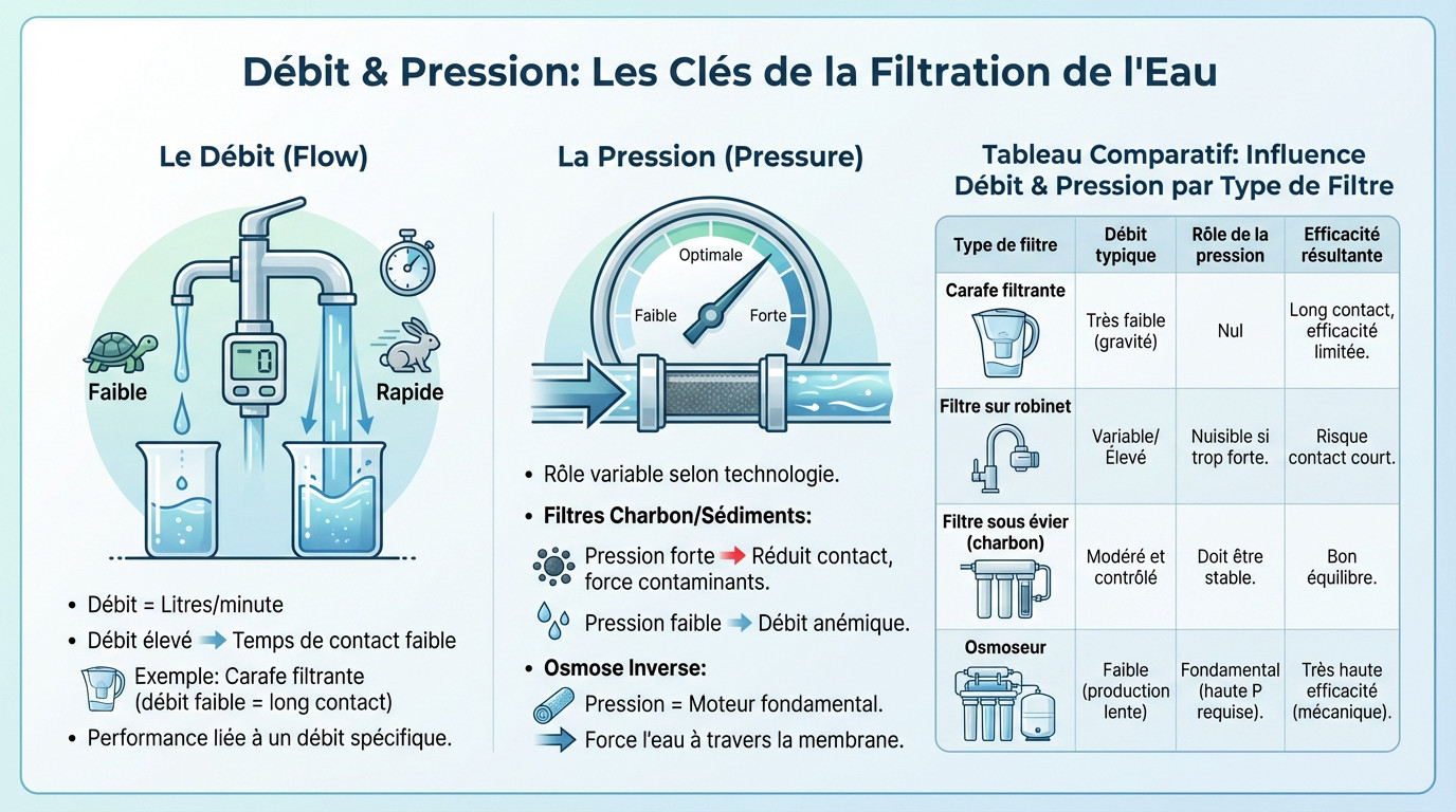 Schéma technique illustrant l'impact du débit et de la pression sur la filtration de l'eau