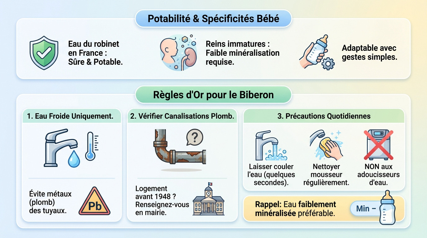 Maman préparant un biberon avec l'eau du robinet en respectant les règles d'hygiène