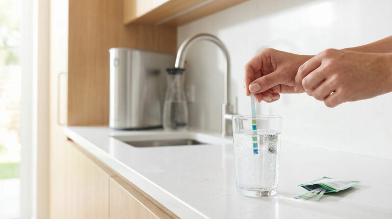 A person's hands test tap water with a strip in a clear glass in a bright, modern kitchen, a water filter visible.
