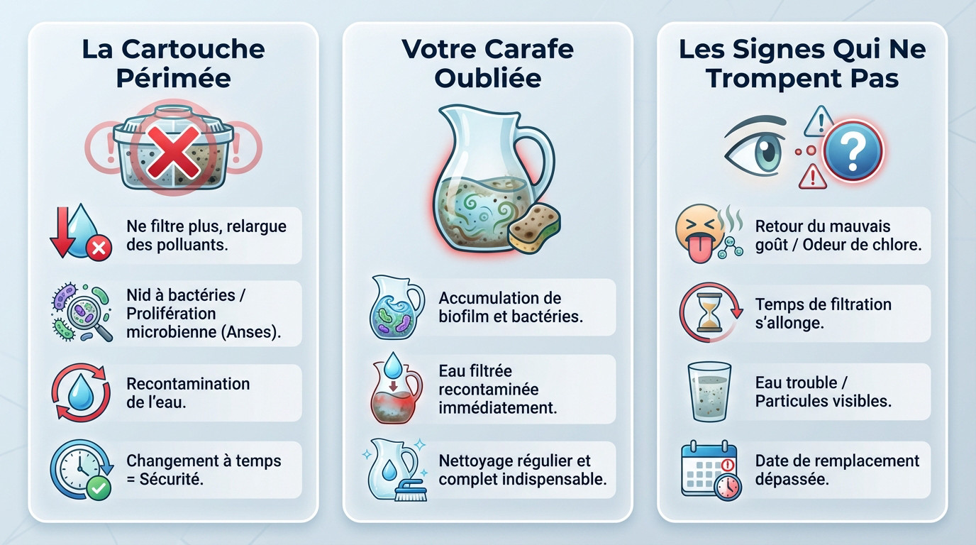Erreur maintenance filtration eau : carafe sale et filtre usagé