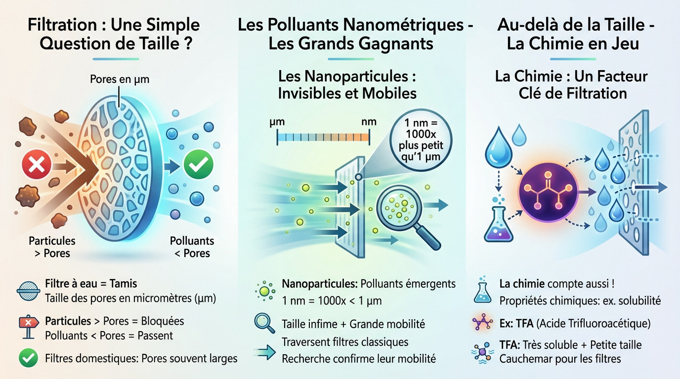 Schéma expliquant comment la chimie et la taille des polluants influencent l'efficacité de la filtration de l'eau