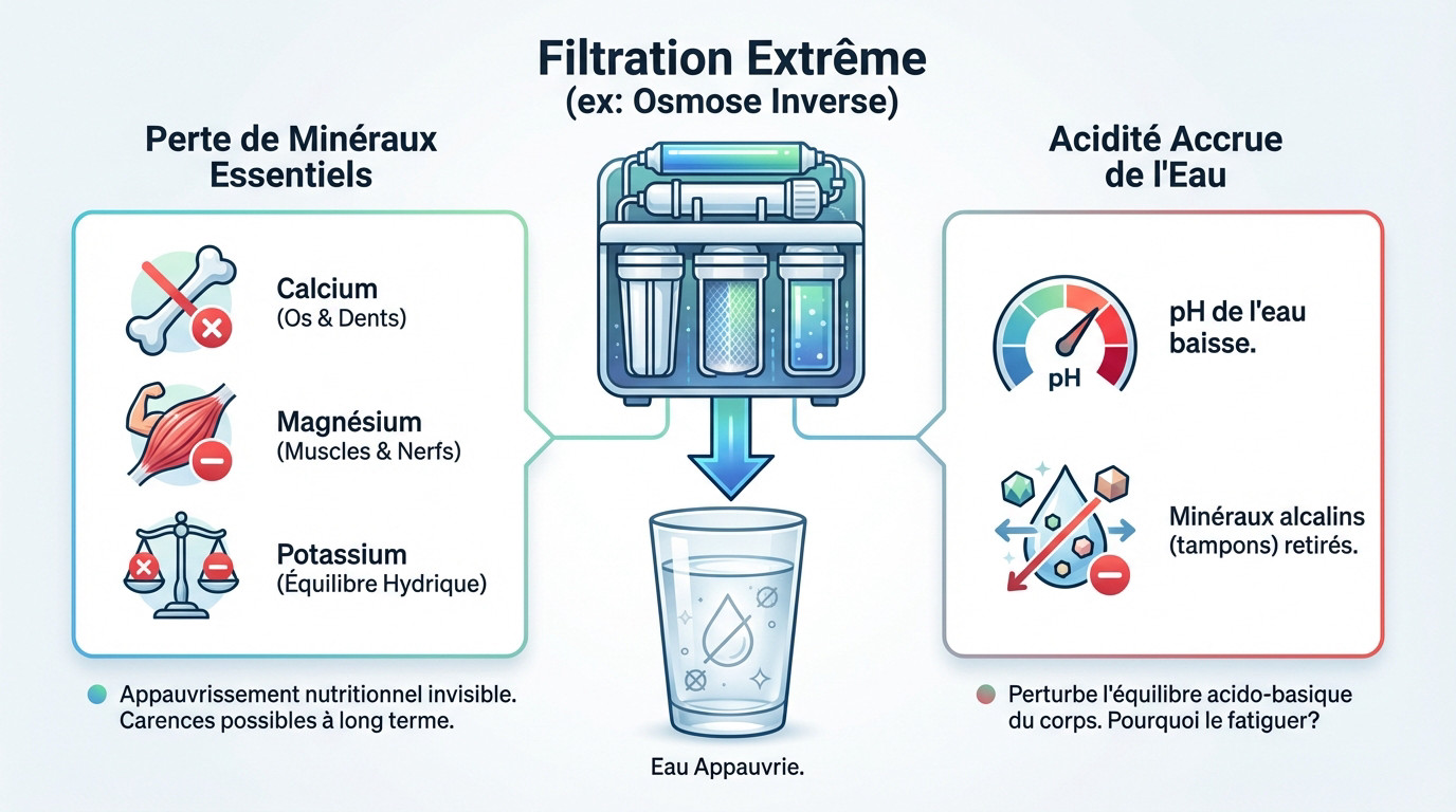 Verre d'eau pure illustrant les risques de la perte minérale et de l'acidité due à une filtration excessive