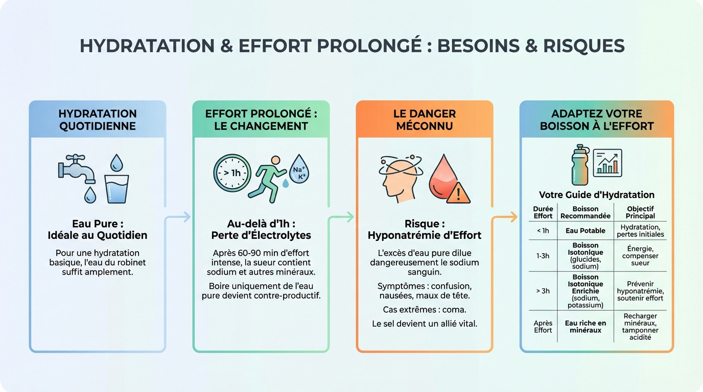 Schéma illustrant les besoins en hydratation et les risques de l'hyponatrémie lors d'un effort prolongé