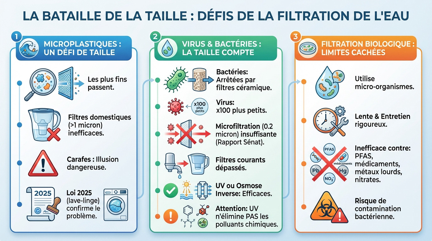 Schéma comparatif de la taille des virus et microplastiques face aux pores d'un filtre à eau standard