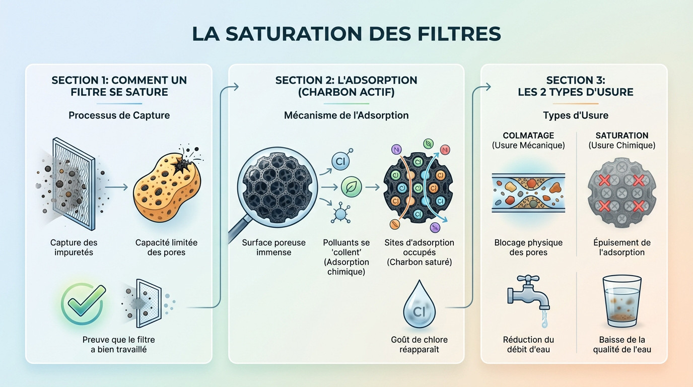 Schéma illustrant la saturation progressive des pores d'un filtre à eau par les contaminants