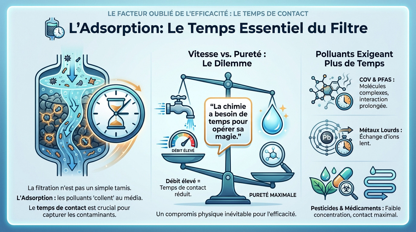 Schéma expliquant l'adsorption et l'importance du temps de contact dans la filtration de l'eau