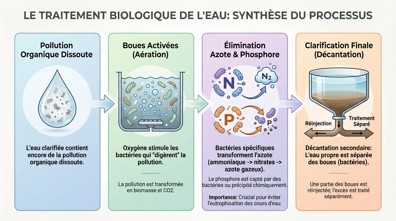 Schéma explicatif du traitement biologique de l'eau montrant l'action des bactéries dans un bassin d'aération