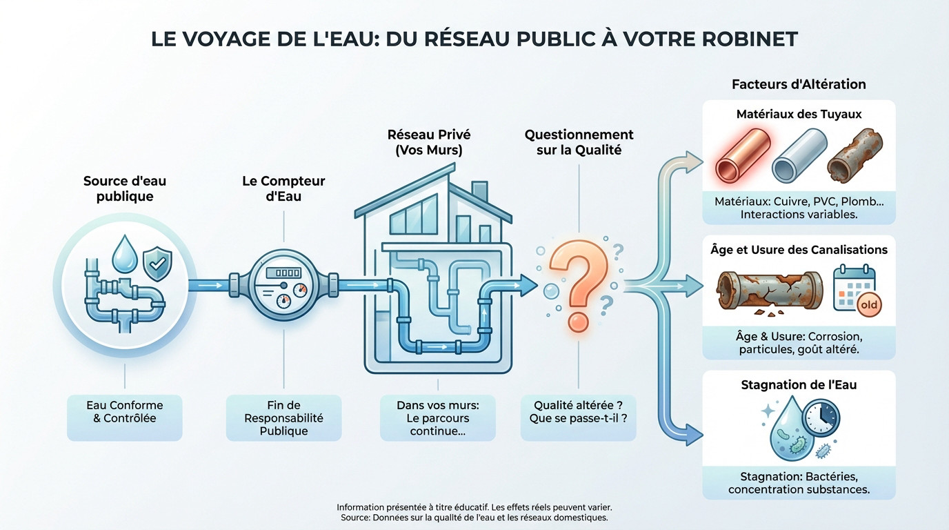 Schéma illustrant la transition de l'eau du réseau public vers les canalisations privées