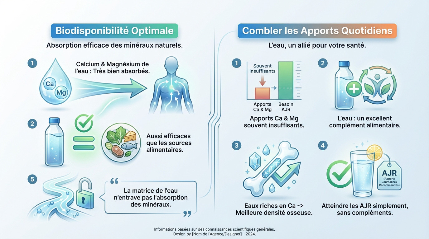 Schéma illustrant la biodisponibilité du calcium et du magnésium dans l'eau minérale comparée aux aliments