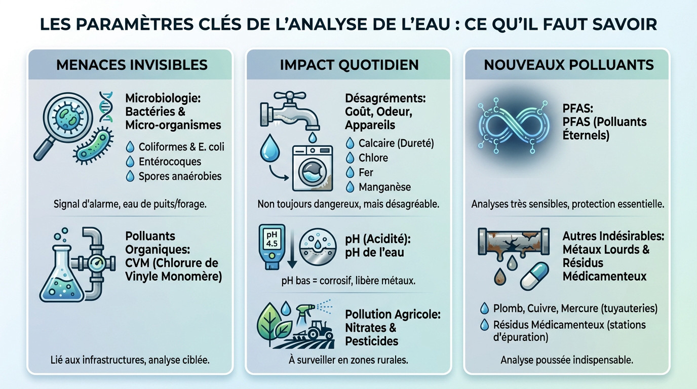 Schéma illustrant les principaux paramètres analysés dans l'eau : microbiologie, physico-chimie et nouveaux polluants