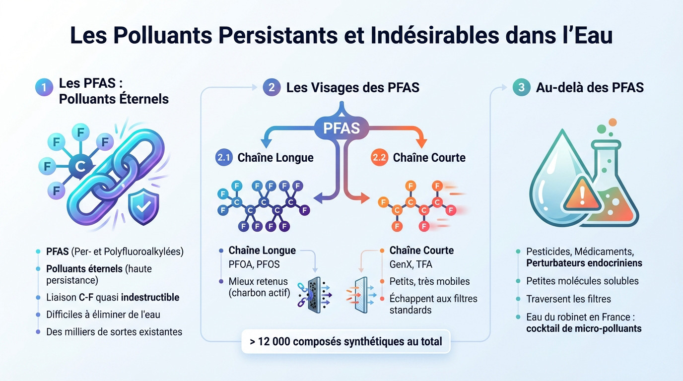 Schéma explicatif montrant comment les polluants persistants comme les PFAS traversent les filtres à eau