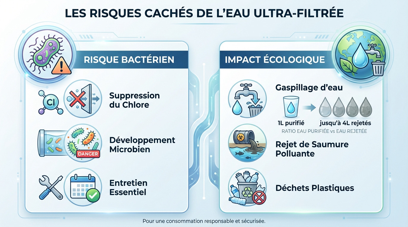 Verre d'eau purifiée sur une table, illustrant les risques cachés d'une eau trop filtrée comme la perte de minéraux et le développement bactérien