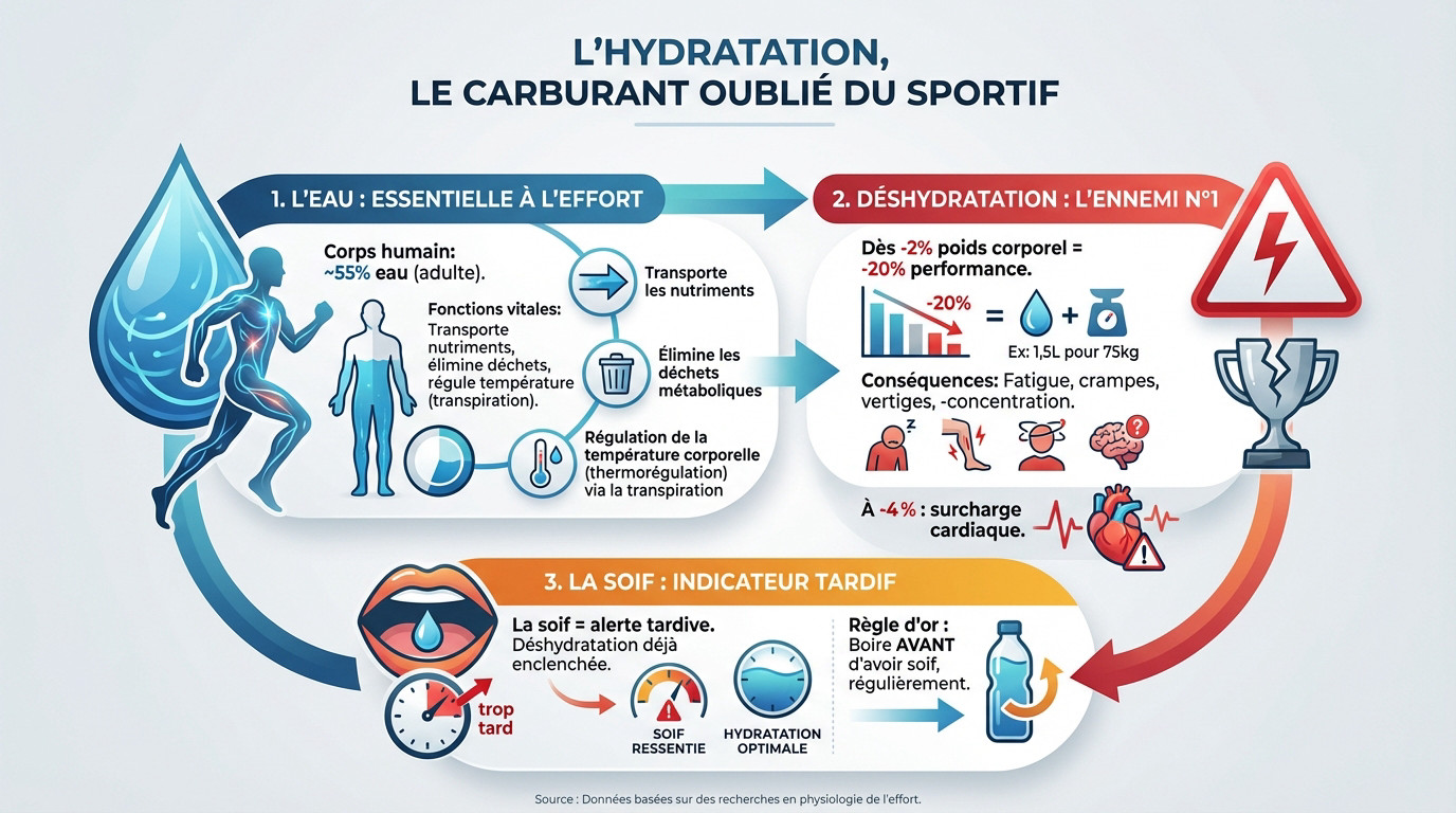 Athlète s'hydratant avec une bouteille d'eau durant un effort physique intense