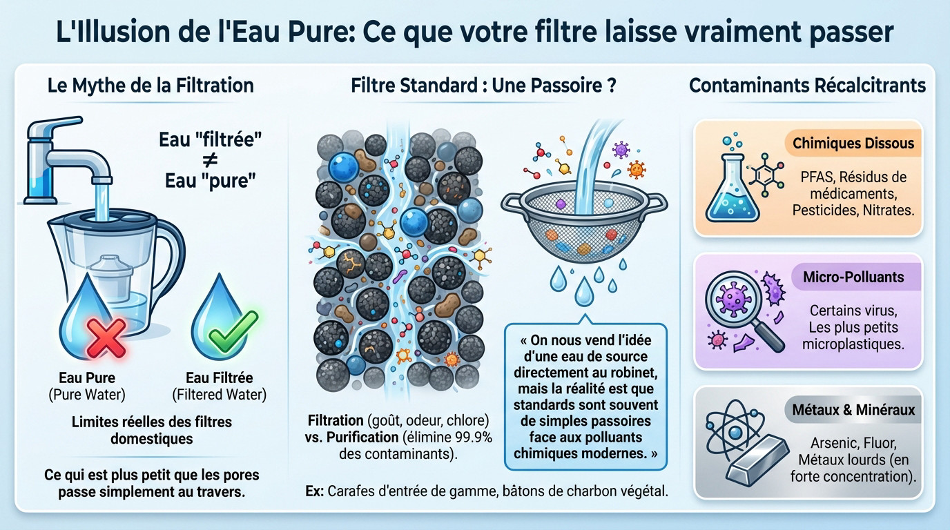 Verre d'eau filtrée illustrant les contaminants invisibles restants après filtration standard