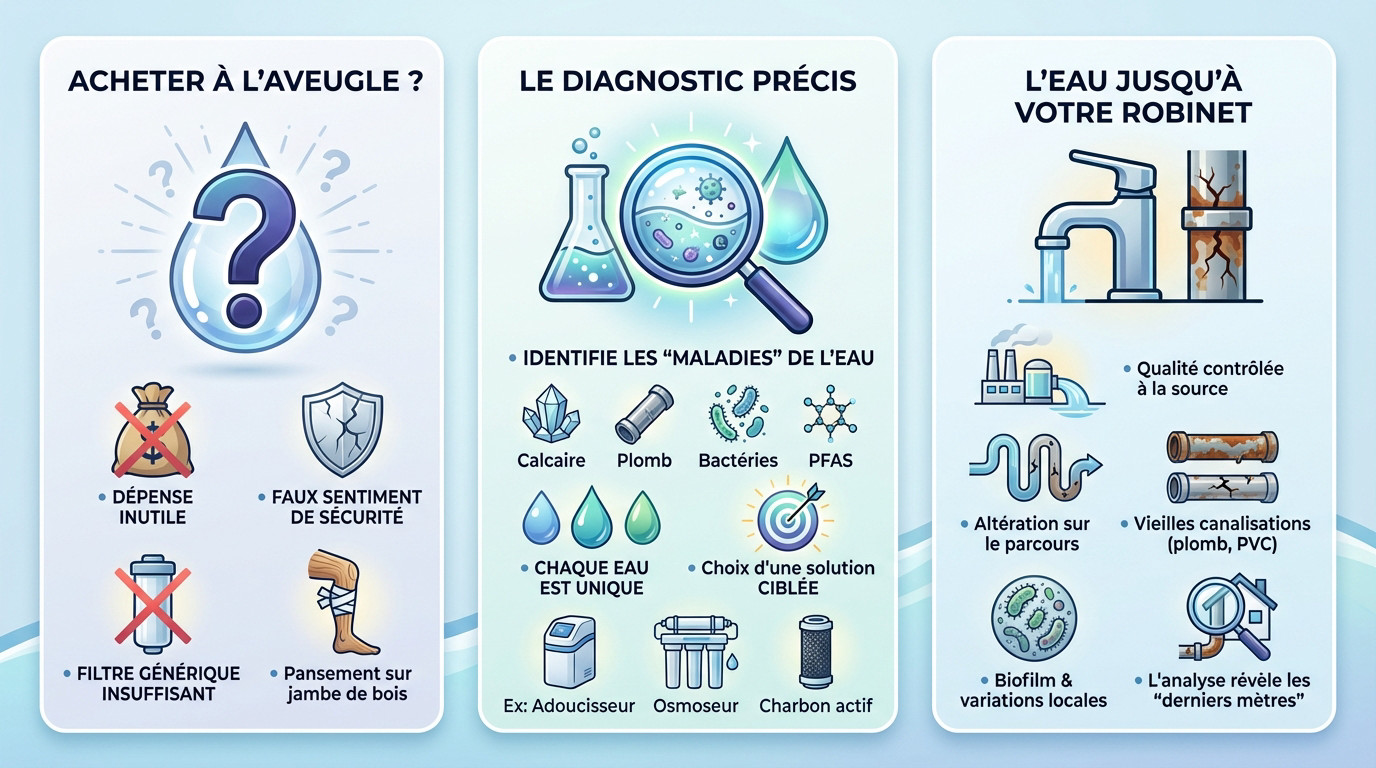 Technicien effectuant une analyse d'eau au robinet pour identifier les contaminants avant filtration