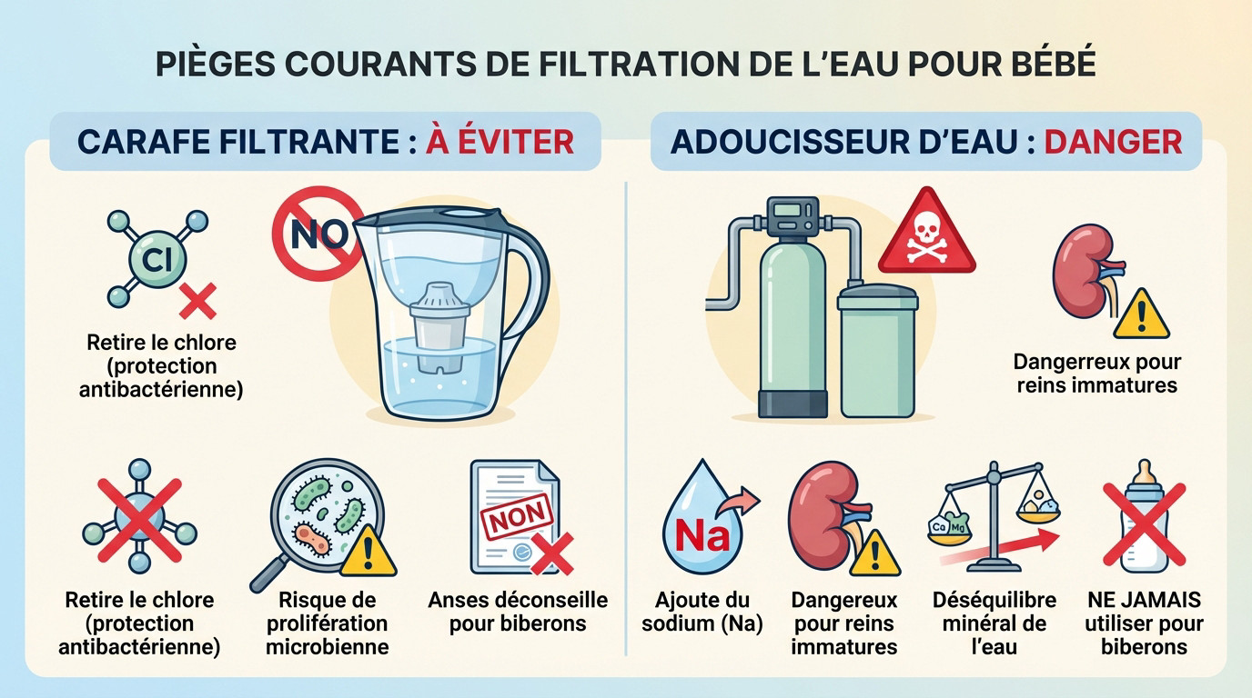 Schéma expliquant pourquoi la carafe filtrante et l'adoucisseur sont dangereux pour l'eau de bébé