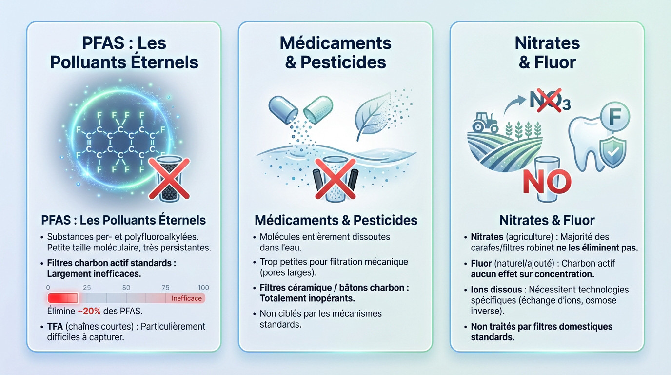 Schéma illustrant les contaminants chimiques passant à travers un filtre à eau standard