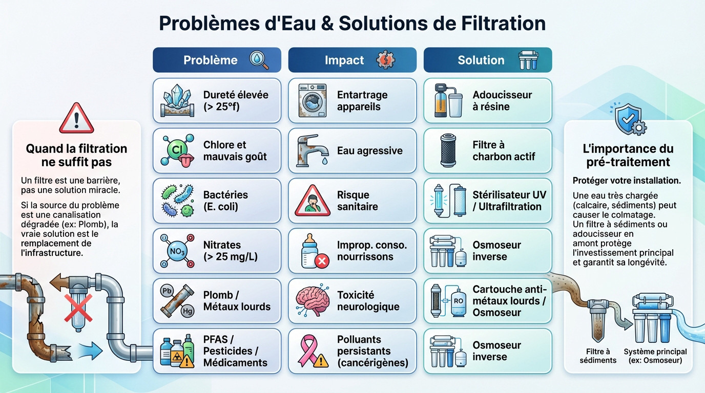 Schéma illustrant la correspondance entre les contaminants de l'eau et les solutions de filtration adaptées