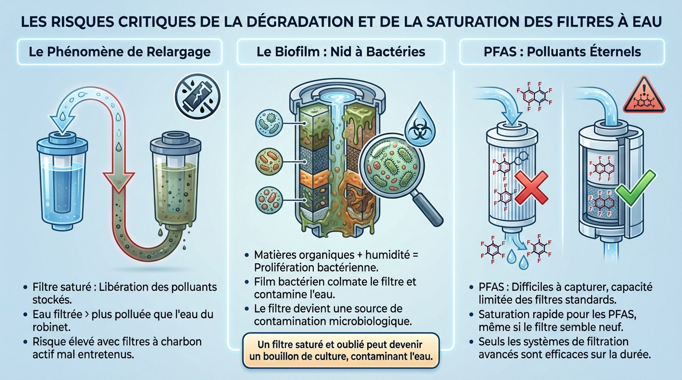 Schéma expliquant la saturation d'un filtre à eau et le risque de relargage des contaminants dans l'eau de boisson